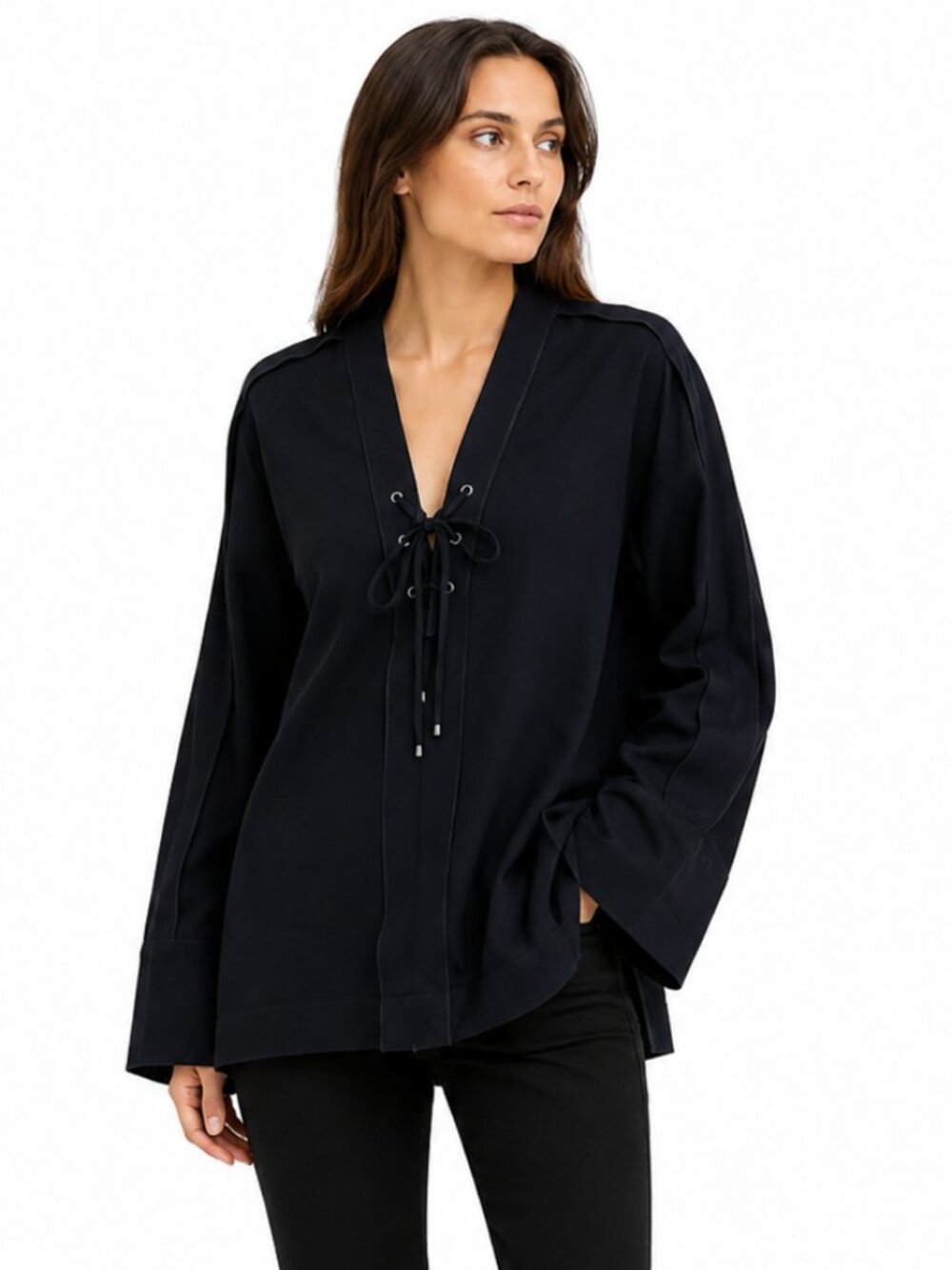 LUISA CERANO BLACK LACE UP NECKLINE SHEER BLOUSE - 6